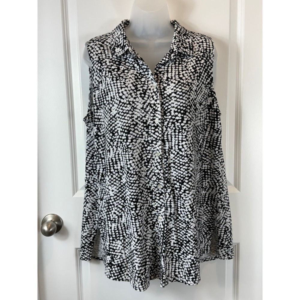 Soma Sleeveless Collared Button Front Top Black White‎ Abstract Print XL Travel